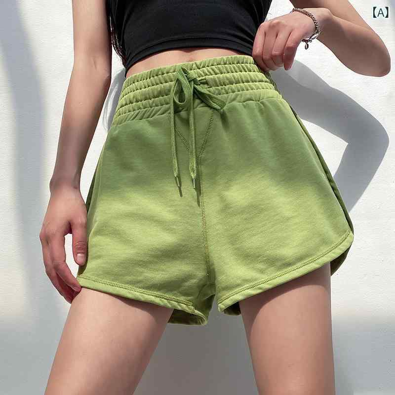 Tops - レディース ショーツ 高腰 ワイドレッグ 短パン 春夏 女性用 ランニング ジョギング ヨガ フィットネス トレーニング 部屋着 普段使い 接触冷感 透気 速乾 切り替え デザイン ナイロン ストレッチ 緑 ブラック ブルー 軽量 伸縮性 吸湿速乾 グリ