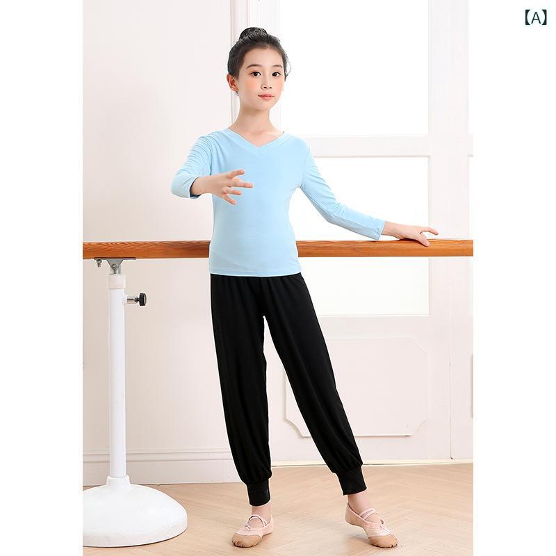 Tops - キッズ レディース ダンス衣装 女児 形体 練功服 ヨガウェア 現代舞 中国舞 ラテン トップス ハーレムパンツ 長芭れ芭蕾パンツ モダール 再生繊維 双Vネック 長袖 中袖 短袖 浅ブルー ブラック ピンク 伸縮性 フィットネス 運動 軽量 通年