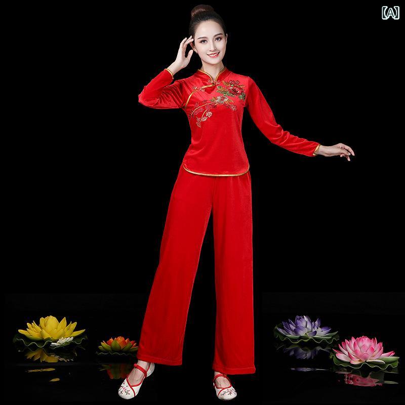 Tops - ダンス衣装 レディース 秋冬 中年女性用 金絲ベルベット 秧歌 広場ダンス セット トップス ロングパンツ 立体刺繍 切り替え デザイン 腈纶 伸縮性 暖か ステージ 衣装 純色 赤 ローズレッド 緑 ブルー 通勤 普段使い 軽量 柔らか