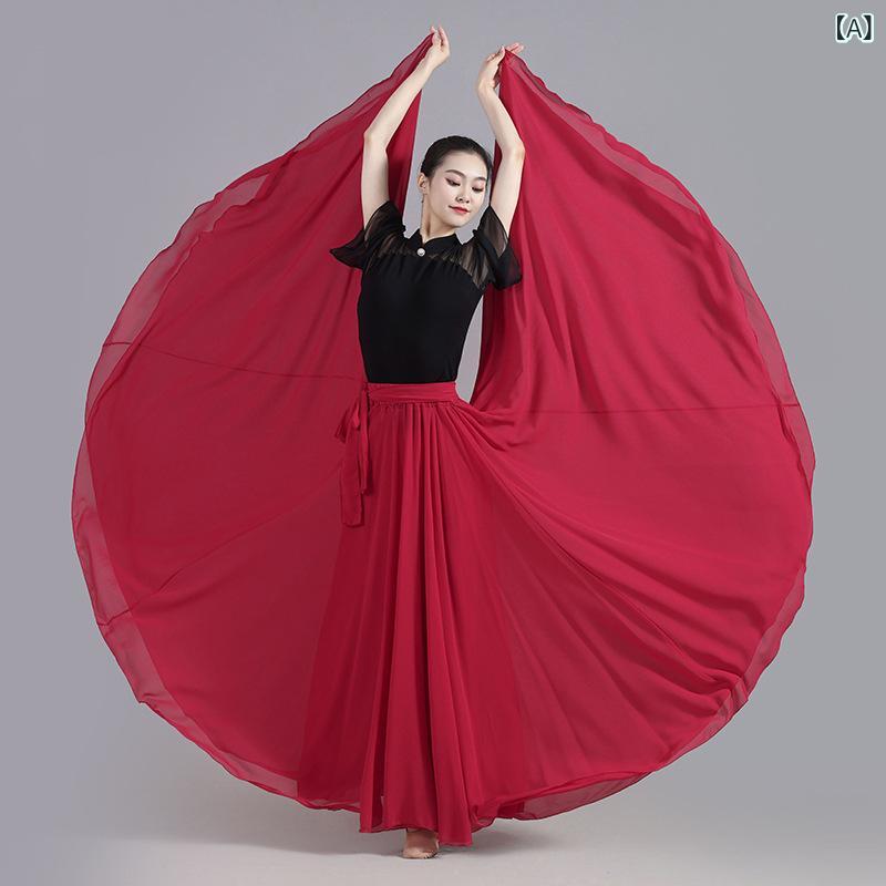 Tops - ロングスカート レディース 雪紡 ダンス衣装 民族舞 秧歌 舞台 ロング丈 フレア 切り替え 酒红色 赤 ホワイト ブラック ネイビー グリーン 孔雀ブルー ポリエステル 通年 軽量 ゆったり