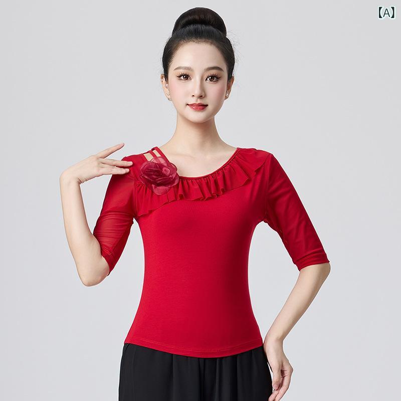 Tops - ダンス服 レディース 民族舞 古典舞 練習着 ステージ衣装 ブローチ ローズ 赤 ブラック モダール 綿裏地 通年 伸縮性 フィット感 軽量 フィットネス ダンス運動