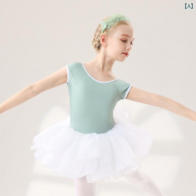 樂天商城 - 女児 ダンスウェア 女の子用 丸首 短袖 開き レオタード 夏用 バレエ ヨガ 背中出し 連体 純色 綿 ナイロン 豆緑 ローズ ブルーパープル 白 伸縮性 軽量 フィット 現代舞 舞台衣装 通年用