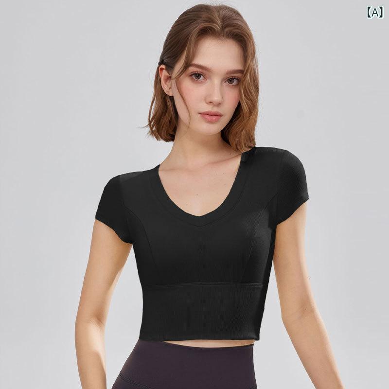 Tops - レディース ヨガトップス 短袖 Tシャツ Vネック 胸パッド 修身 ピタトップス 綿 ストレッチ 超強弾性 接触冷感 吸湿速乾 春夏 ランニング ピラティス フィットネス ウェア トップス ブラック グレー イエロー