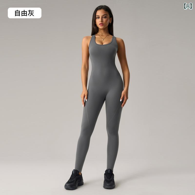 Tops - レディース ヨガ ウェア ノースリーブ ワンピース タイプ 連体 レギンス 高伸縮性 接触冷感 ナイロン混紡 コットン混紡 裏地付き タイトフィット フィットネス ランニング ボディメイク ヨガパンツ 春夏 グレー ブラウン系 ベージュ系 ブラック 女性