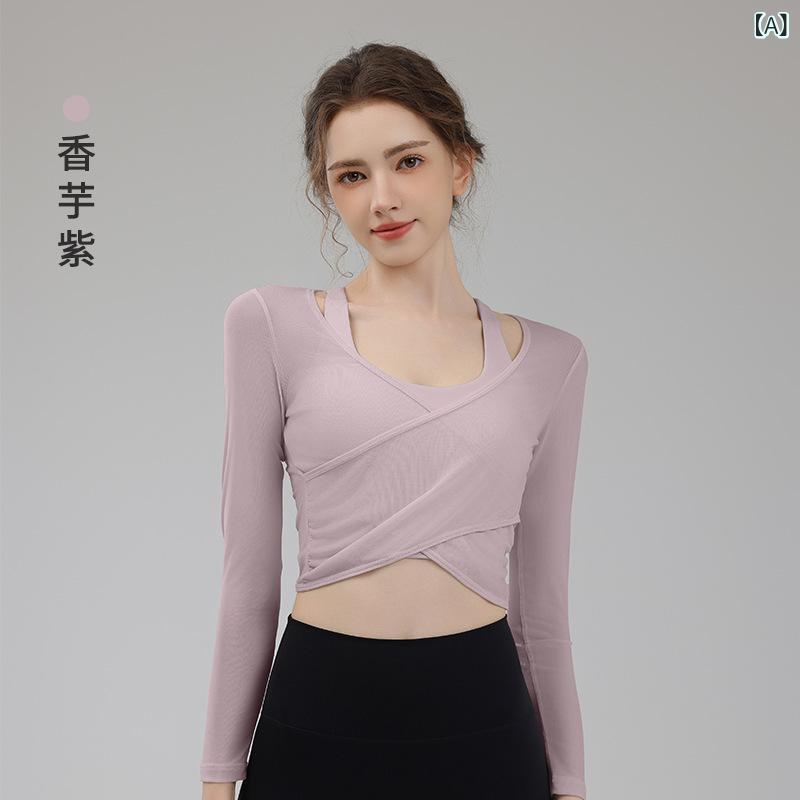 Ladies Wear - 長袖 スポーツウェア レディース 網ヤー 切り替え 二重構造 胸パッド付き 速乾 ニット ナイロン混紡 ストレッチ 紫色 杏色 通勤 ジム ヨガ ピラティス ランニング フィットネス ダンス サイクリング タイトフィット スリム スタイル