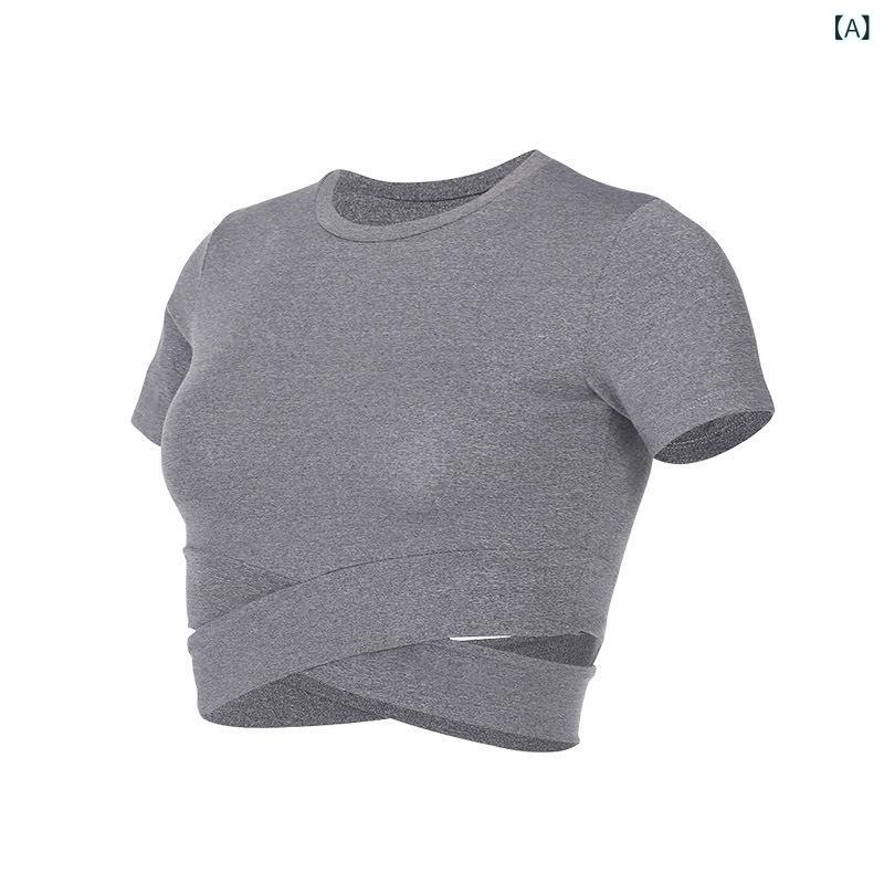 Tops - レディース クロストップス 修身Tシャツ 運動 フィットネス ウェア クロスデザイン クロップド丈 短袖 吸湿速乾 接触冷感 ポリエステル ライトグレー スカイブルー ダークグレー ブラック ホワイト ピンク ランニング ヨガ ダンス タイトフィット 春