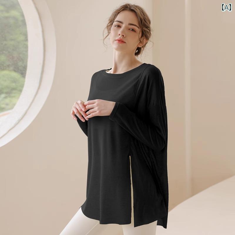 Rakuten - 長袖Tシャツ レディース ゆったり スリム 速乾 透気 フィットネス トップス ヨガウェア ランニング 薄手 ブラック ホワイト ブルー グリーン カーキ ポリエステル 接触冷感 春夏 秋冬 中長丈