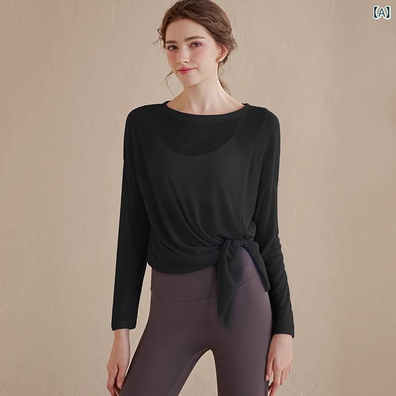 Tops - 長袖 レディース ヨガトップス 運動 Tシャツ トップス ランニング トレーニング フィットネス ブラトップ ゆったり ルーズフィット 中長丈 秋 接触冷感 吸湿速乾 ポリエステル 再生繊維 ブラック ホワイト ブルー グリーン カーキ 通勤 普段使い