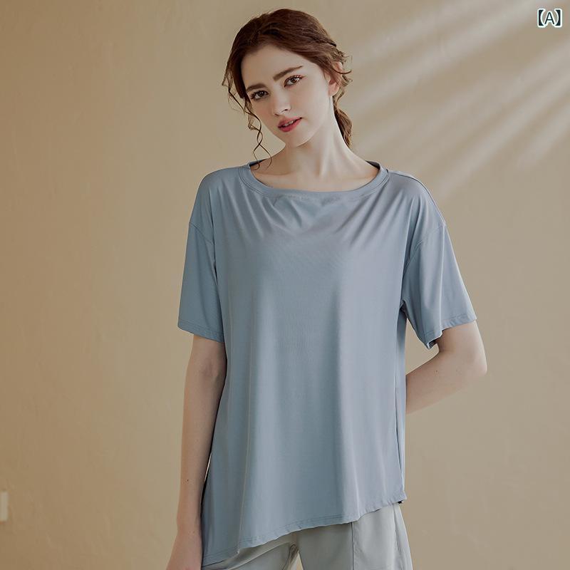 上衣 - 女性 トップス 短袖 Tシャツ メンズ ランニング トレーニング フィットネス ヨガウェア 速乾 透気性 薄手 ルーズフィット 丸首 接触冷感 再生繊維 吸湿速乾 ブルー ブラック ホワイト 春夏