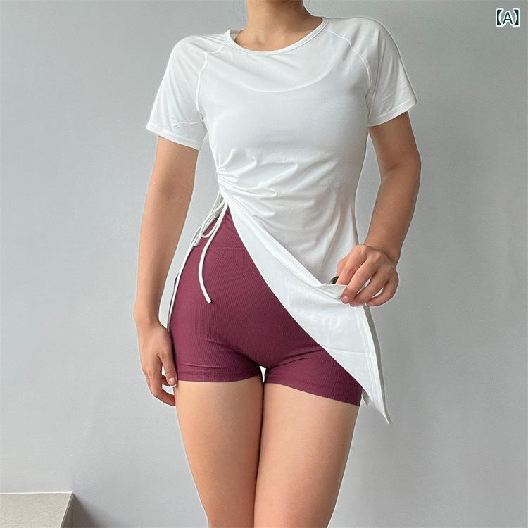 Ladies Wear - 女性用 トップス ランニング ヨガ 短袖 ピラティス ヒップカバー 速乾 透気 休闲 フィットネス シャツ 夏 接触冷感 吸湿速乾 再生繊維 ストレッチ ゆったり ミドル丈 白色 ブラック 女性用