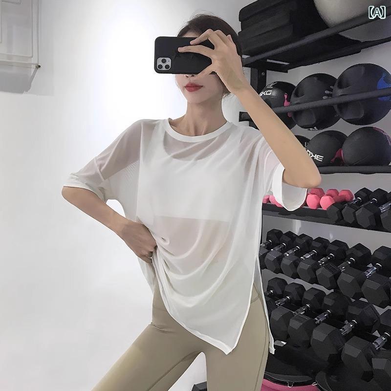 Tops - レディース トップス ゆったり ルーズフィット 夏 短袖 Tシャツ 運動 ランニング ヨガウェア 透気性 速乾 ポリエステル 白 黒 中長丈 休闲 カジュアル フィットネス ウェア