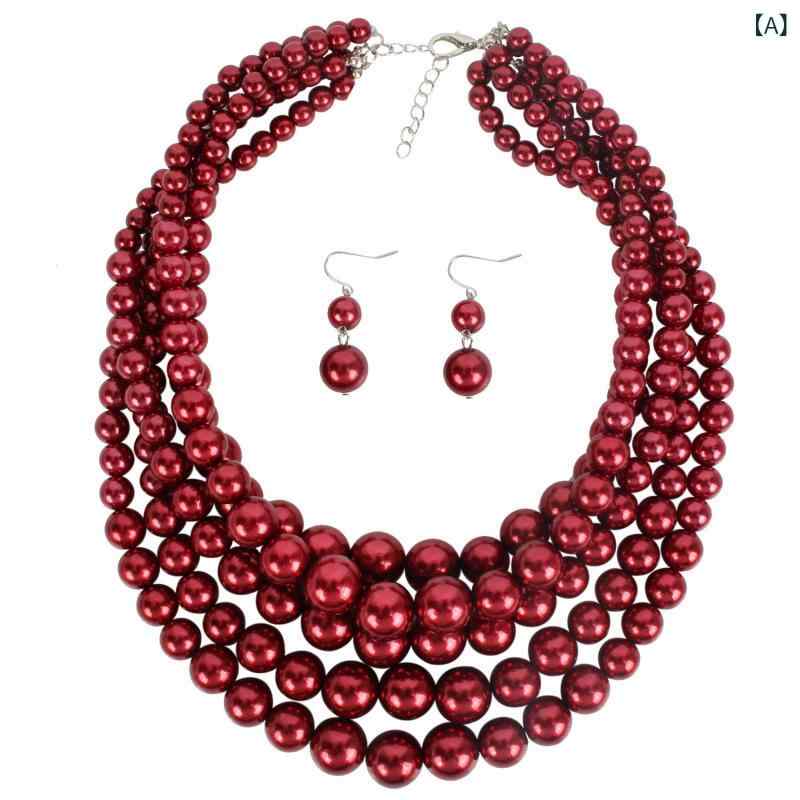 Garnet - レディース ネックレス 偽物珍珠 多層 U字 蛇骨チェーン 冬 赤 ホワイト ワインレッド 清新 かわいい 自然 流行 女性用 アクセサリー レイヤード ロングチェーン パール風 華やか フェミニン