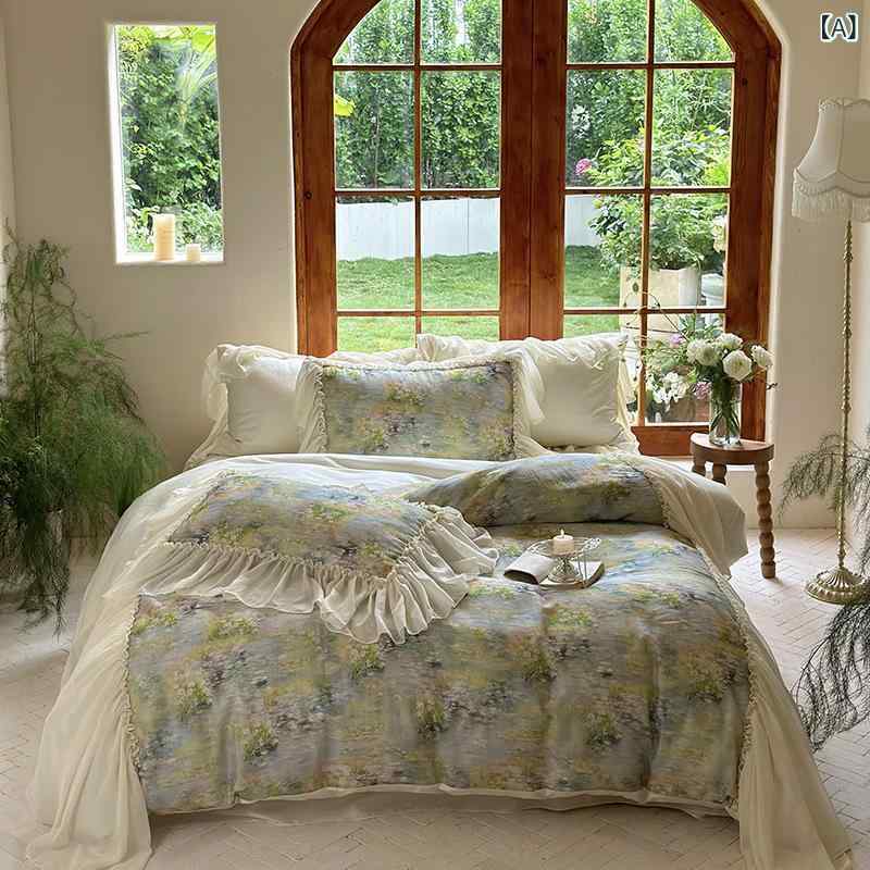 ・カテゴリ: 寝具4点セット・スタイル: フレンチスタイル・デザイン: シーツ式、ボックスシーツ式・柄: 植物・花柄・プリント手法: 活性捺染・織り手法: プリント・主な素材: テンセルコットン・サイズ展開: 1.5mベッド用（掛け布団カバー 200×230cm）、1.8mベッド用（掛け布団カバー 200×230cm）、2.0mベッド用（掛け布団カバー 220×240cm）・仕様: コーナータイ4箇所付き