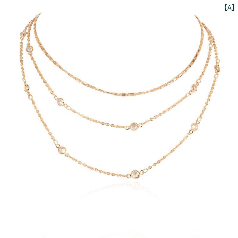 Beads - ネックレス 女性用 多層 合金 U字 蛇骨チェーン 電気メッキ加工 金色 冬 かわいい シンプル 気質 個性 長さ調整可能 軽量 華奢 レイヤード アクセサリー ファッション 普段使い 通勤 デイリー