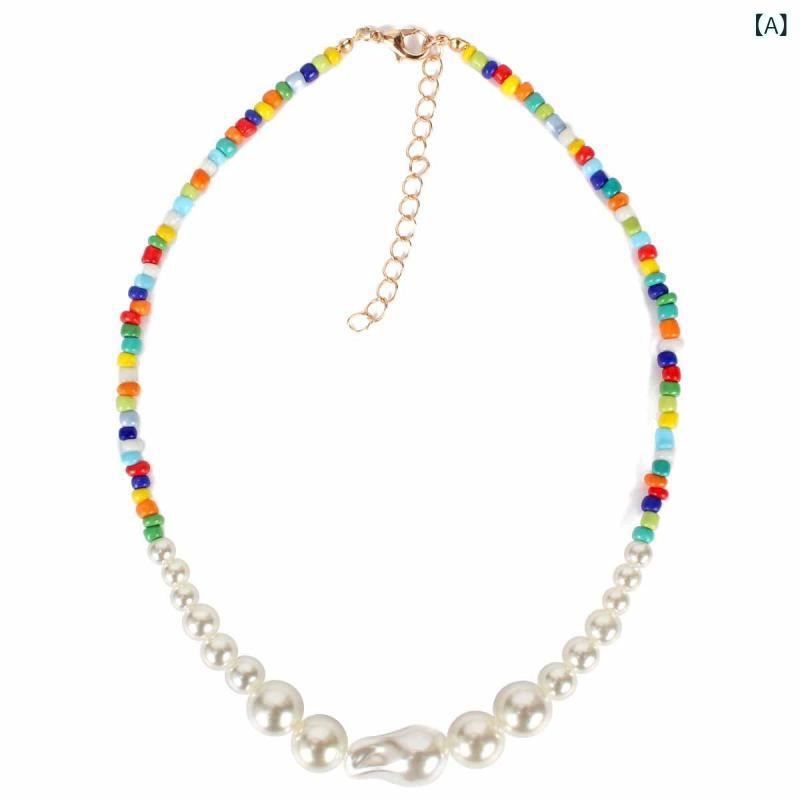 Diamond - ネックレス 女性用 ボヘミアン カラフル 米粒パール 異形パール クリエイティブ チョーカー 幾何学 珍珠 冬 かわいい 普段使い ギフト 独立包装