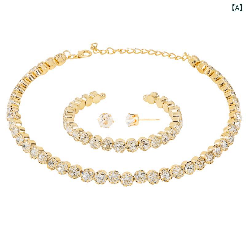 ジュエリーセット 女性用 ハンドメイド風 丸型 フルジルコニア 手链 ピアス ネックレス 3点セット ゴールド シルバー シンプル 幾何学 ファッション 通勤 夏 軽量 キラキラ