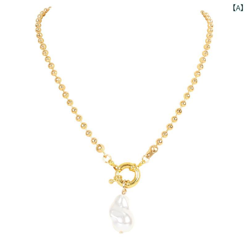Pearl White - ネックレス 女性用 ゴールド 丸ビーズチェーン 異形 偽パール ペンダント 気質 アクセサリー 幾何型 パール母貝 シングルストランド 冬 ウィンター 人気デザイン 華やか レイヤード対応 普段使い ギフト