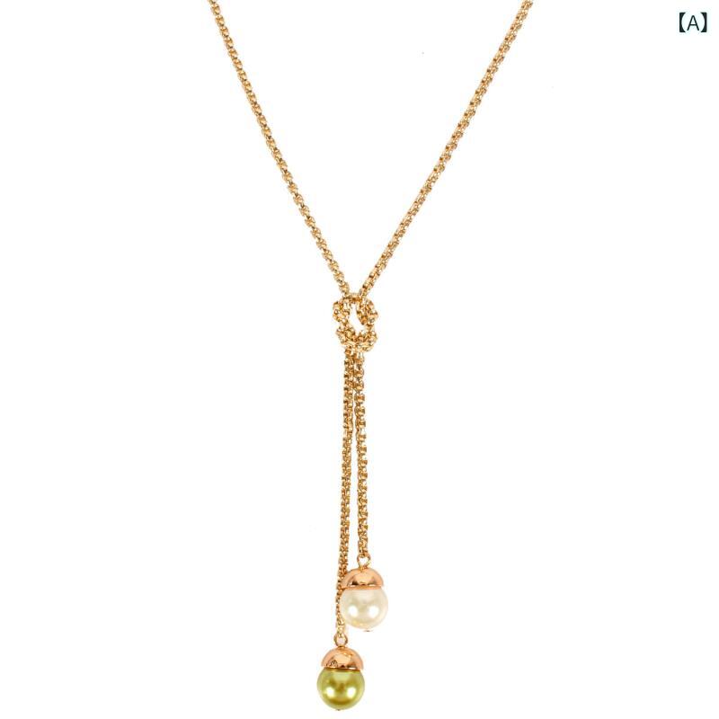 Beads - ネックレス レディース かわいい 甘め シンプル 欧米風 ファッション トレンド 偽パール ダブル ペンダント 結び目 デザイン 水滴型 蛇骨チェーン 長さ調節可能 金カラー 電気メッキ加工 軽量 秋 普段使い レイヤード