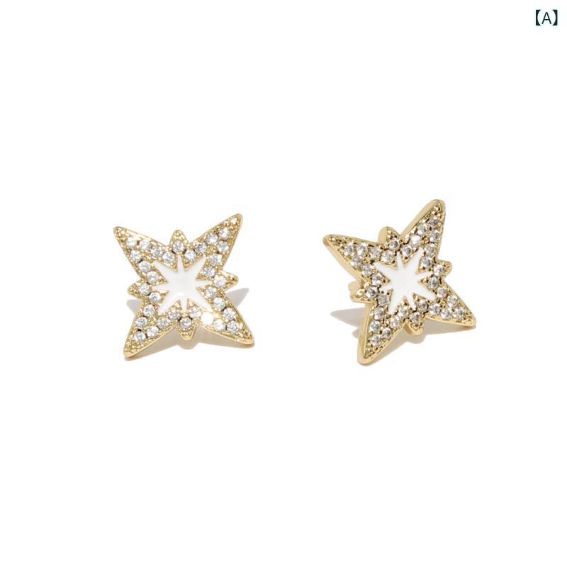 Rhinestone - イヤリング 女性用 韓国風 レトロ 星型 六芒星 四角 キラキラ 気品 ファッション かわいい シンプル 小ぶり 耳飾り アクセサリー ホワイト ブルー ピンク 春 金属 幾何学 軽量