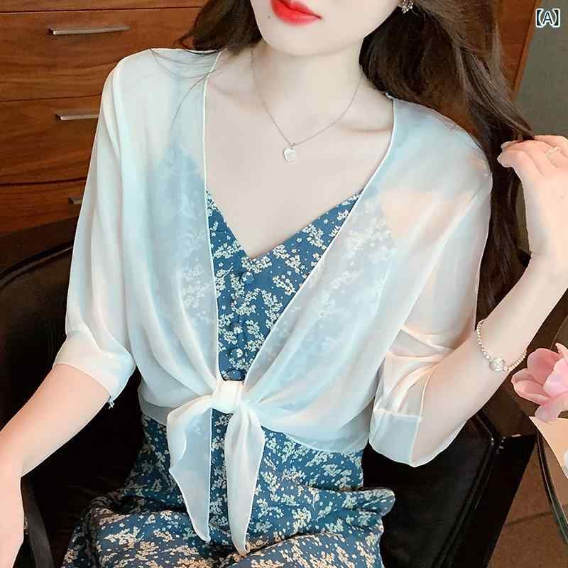 ショール レディース 春夏 カーディガン ボレロ シフォン 切り替え ゆったり UVカット 冷房対策 防寒 紫外線対策 羽織 Vネック 七分袖 無地 薄手 ショート丈 前開き 結びリボン かわいい フェミニン エレガント