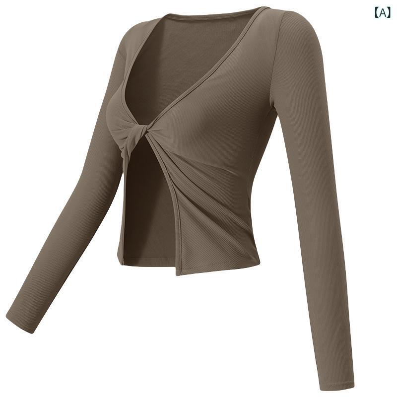 Ladies Wear - レディース ヨガトップス 長袖 クロップド 吸湿速乾 切り替え ニット混紡 ニロン ストレッチ フィットネス ランニング トレーニング ダンス サイクリング 秋冬 グリーン 卡其 ミルクホワイト ピンクパープル 青年女性用 及腰丈 セットインスリーブ ク