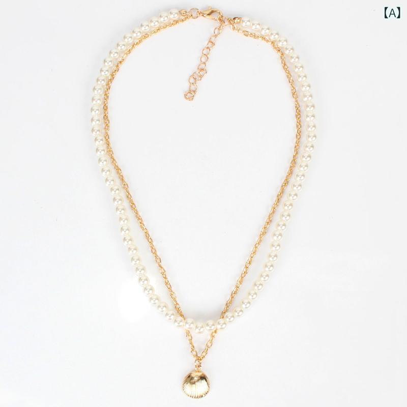 Cubic Zirconia - ネックレス 女性用 かわいい シンプル 貝殻 モチーフ 吊り下げ デザイン 合金製 蛇骨チェーン 多層 調整可能 金色 夏 軽量 電気メッキ加工 普段使い アクセサリー コーディネート