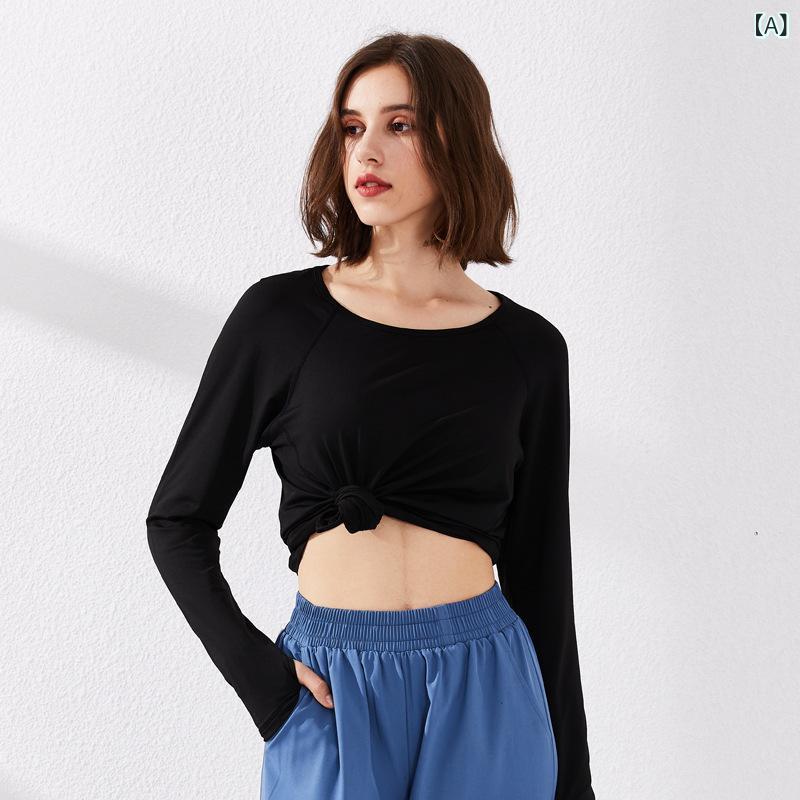 Tops - ヨガウェア レディース 長袖 トップス ブラック グリーン 紫 速乾 透気 ポリエステル スパンデックス 伸縮性 ゆったり 及臀丈 フィットネス ランニング 秋 女性用 運動 トップス インナー 吸湿速乾
