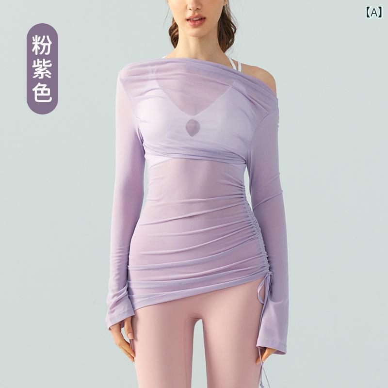 Ladies Wear - フィットネスウェア レディース 長袖 一字肩 網纱 抽绳 罩衫 修身 透気 ニット 伸縮性 ピンクパープル ココア アイボリー ブラック 通年 瑜伽 ランニング ダンス 部屋着 カジュアル