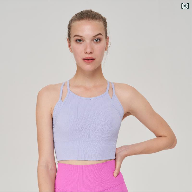Sportswear - スポーツブラ 女性用 偽ツーピース 細肩ストラップ 美背 防震 背心 スポーツブラトップス 無縫製 ノーワイヤー 全カップ 上薄下厚 固定肩ストラップ ニチアミックス ナイロン92% スパンデックス 運動レジャー 提花デザイン ランニング ヨガ フィット