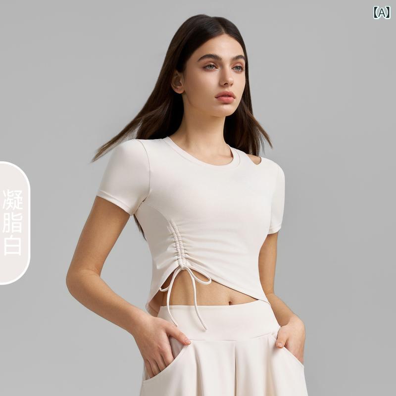 Tops - 女性 トップス ヨガウェア フィットネスウェア 運動Tシャツ 固定カップ ブラトップ タイト シングルショルダー 肩出し 切り替え ホルターネック セクシー プリーツ ドローストリング 短袖 丸首 伸縮性 吸湿速乾 接触冷感 スポーツカジュアル ランニン