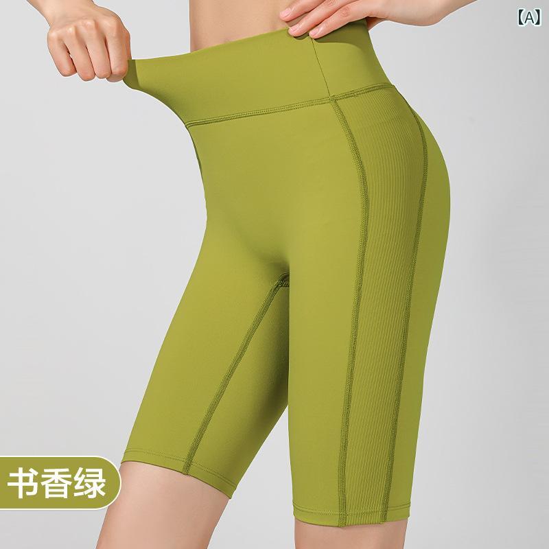 Tops - レディース ショートパンツ 5分丈 高腰 タイト ヒップアップ ウエストシェイプ フィットネス サイクリング レギンス ストレッチ ヨガパンツ 夏用 超強弾力 化学繊維混紡 ニットロン75% 純色 緑系 ブラウン系 パープル系 ブラック ランウェア ジム