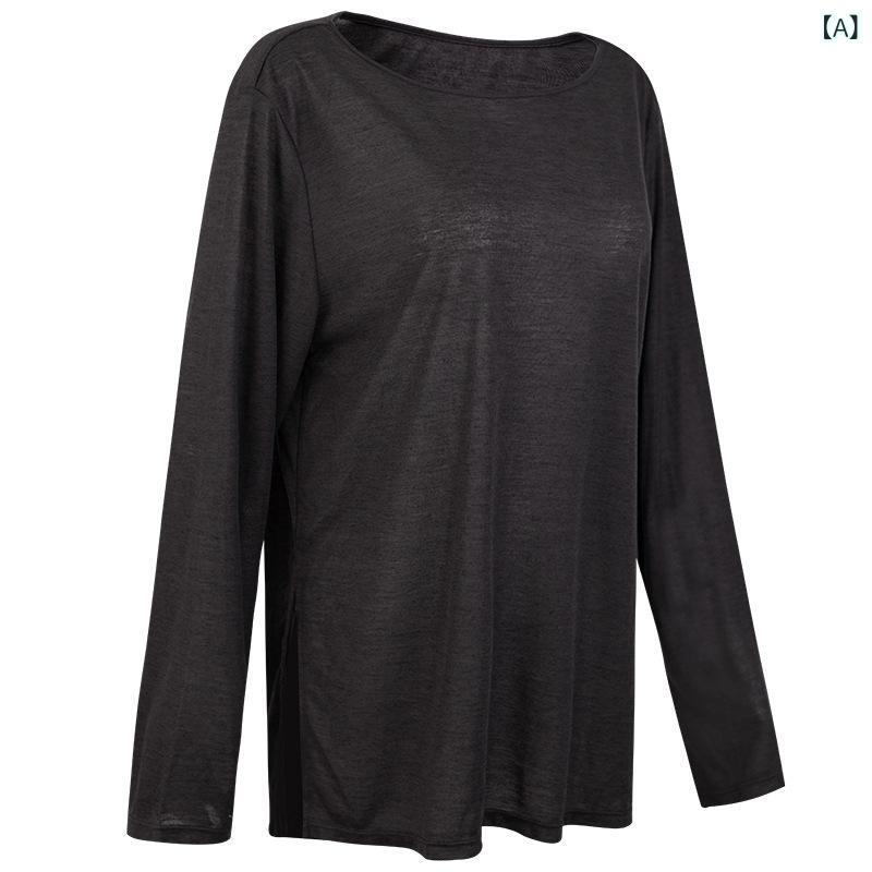 Tops - レディース トップス 長袖 ヨガウェア 接触冷感 親肌 透気性 吸湿速乾 薄手 ワイドシルエット 打底シャツ 運動上衣 罩衫 春夏 ルーズフィット 及臀丈 セットイン 深グレー アイスブルー ランニング フィットネス ダンス 女性用 ポリエステル混紡 再