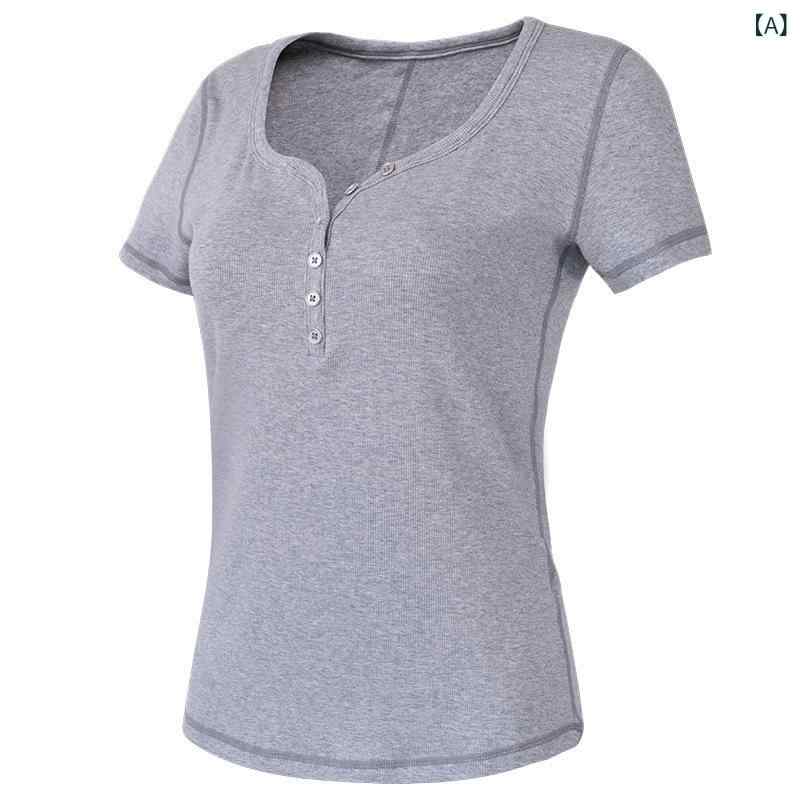 Sportswear - トップス レディース Vネック ヨガウェア 女性用 タイトフィット ストレッチ 運動上衣 ランニング トレーニング フィットネス 春夏 接触冷感 綿混紡 短袖 吸湿速乾 軽量 花柄グレー 杏色 ブラウン ダンス サイクリング 青年女性用