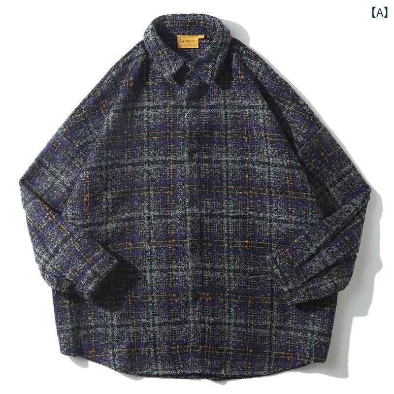 Other - シャツ メンズ 長袖 格子柄 開襟 ルーズフィット フラップカラー ポリエステル 春秋 秋冬 港風 韓国風 日系 レトロ チェック柄 カジュアル 普段使い デイリー コスパ抜群 ゆったり 青少年 男性用 トップス レイヤード トレンド ネイビー 赤系 免