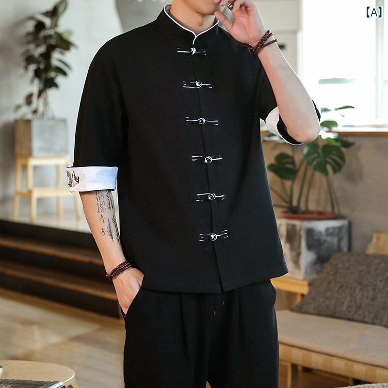 乐天商城 - シャツ メンズ 七分袖 立領 盤ボタン 鶴刺繍 フレンチカフ 綿 95% ワイドシルエット 夏 切り替え 黒 中国赤 麻色 ゆったり 大きいサイズ プレーツ加工 休闲 カジュアル