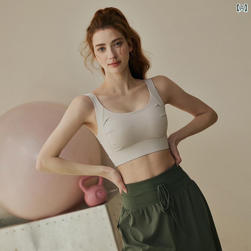 Tops - スポーツブラ レディース 女性用 高強度 防震 ランニング フィットネス 外穿 トレーニング ヨガ 背心 無肩ストラップ 後三列フック ナイロン スパンデックス 全カップ 上薄下厚 無ワイヤー 銀灰 ブラック キャメル グリーン イエロー 褶皺 デザイン
