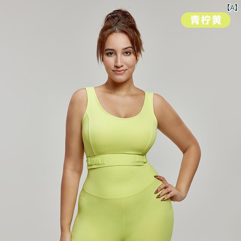 Tops - スポーツブラ 女性用 大きいサイズ 防震 固定カップ 副乳カバー 高強度 ランニング フィットネス ヨガ 背心 ニット ナイロン 伸縮性 通年 ブラック グレー パープル イエロー 無鋼 フルカップ サイドホック 運動レジャー