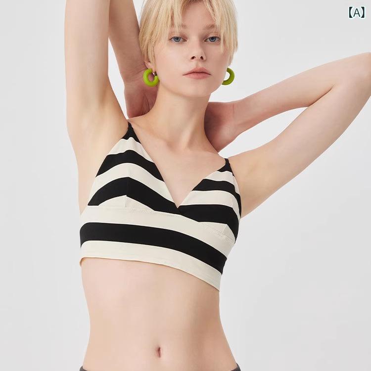 ・主な素材: ポリエステル80%、スパンデックス20%・スタイル: U型・カラー展開: 黒白ストライプ、青緑ストライプ、墨緑ストライプ・サイズ展開: S、M、L・カップタイプ: 3/4カップ・カップ高さ: ミドル・肩紐: 固定式ストラップ・特徴: 挿片