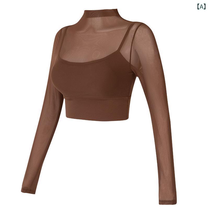 Tops - トップス レディース 長袖 切り替え 偽ツーピース ヨガウェア 吸湿速乾 接触冷感 聚酯繊維 伸縮性 タイトフィット 秋冬 ランニング フィットネス トレーニング ダンス 板栗色 ミルク杏色 紫 ブラック 印花カーキ 印花ブルー