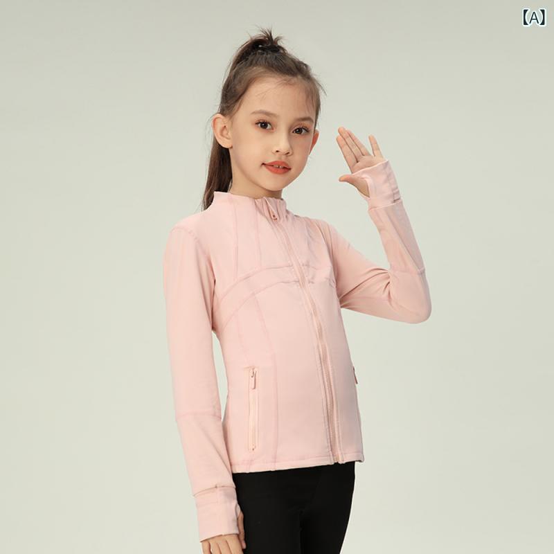 Ladies Wear - 女児 ジャケット レディースキッズ 春夏秋 長袖 スタンドカラー スポーツ ヨガ服 吸湿速乾 切り替え 開衫 ピンク ライトブルー ワインレッド ブラック アイボリー 運動 ランニング 潮流 伸縮性 再生繊維 ニット生地 修身 ヒップカバー 軽量 部屋着