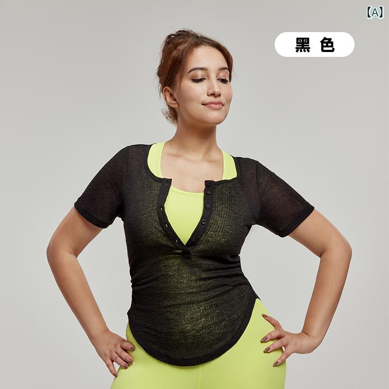 Ladies Wear - トップス レディース 大きいサイズ ゆったり 短袖Tシャツ 切り替え ギャザー ウエストイン 透け感 遮肉 ブラック 米白 接触冷感 吸湿速乾 通気性 再生繊維 コットン混 春夏 フィットネス ヨガ ジムウェア 部屋着 普段使い