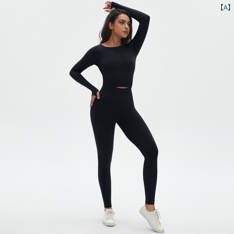Pants - レディース ヨガセット 長袖 九分丈 タイト ヒップアップ 無縫 プリーツ 透気性 綿混紡 ナイロン スパンデックス 春用 ランニング フィットネス ピラティス ブラック グレー ネイビー ホワイト ブラウン 運動 通勤 普段使い 伸縮性 吸湿速乾