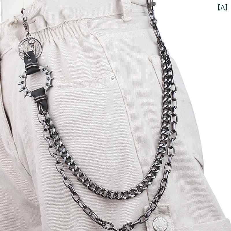 Chromium - 腰チェーン メンズ レディース ダーク ブラック 金属 ダブルレイヤー 切り替え 刺繍 ヒップホップ 朋克 個性派 ユニセックス 夏 秋冬 通年 普段使い ファッション アクセサリー 軽量 頑丈 ロブスターバックル ショート丈 60cm以下