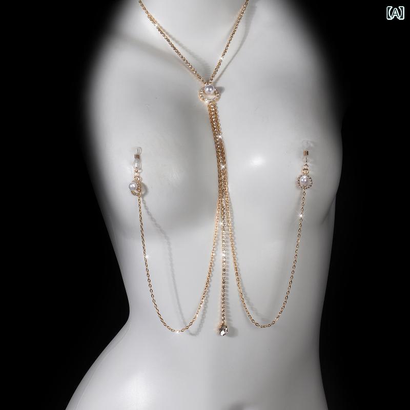 Akoya Pearl - 身体チェーン 胸チェーン 乳首クリップ 偽パール ペンダント ハート型 金色 銀色 合金製 女用 情趣 クラブウェア アクセサリー 切り替えデザイン 電気メッキ加工 スパイシー