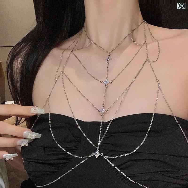 White - チェーンネックレス 女性用 フリンジ 胸チェーン 銀色 ファッション 個性的 セクシー ボディチェーン 夏 軽量 夜店 パーティー アクセサリー デザイン スタイリッシュ