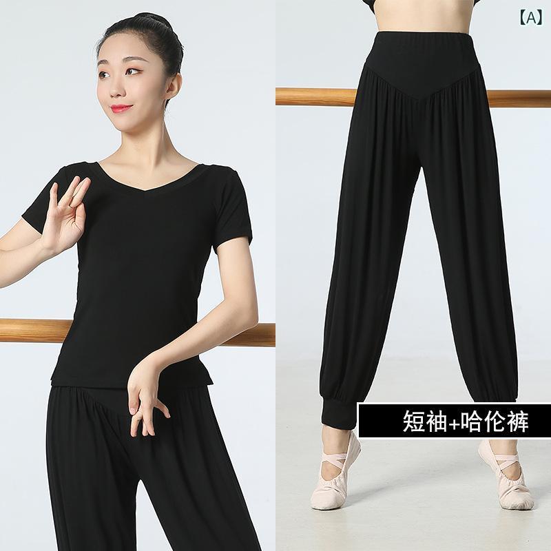 Sportswear - ダンスウェア レディース 双Vネック 中袖 トップス ブラック モダール 伸縮性 通勤 普段使い 部屋着 アウトドア 軽量 吸湿速乾 切り替え デザイン 練習着 广场舞 服装 トレーニング 服