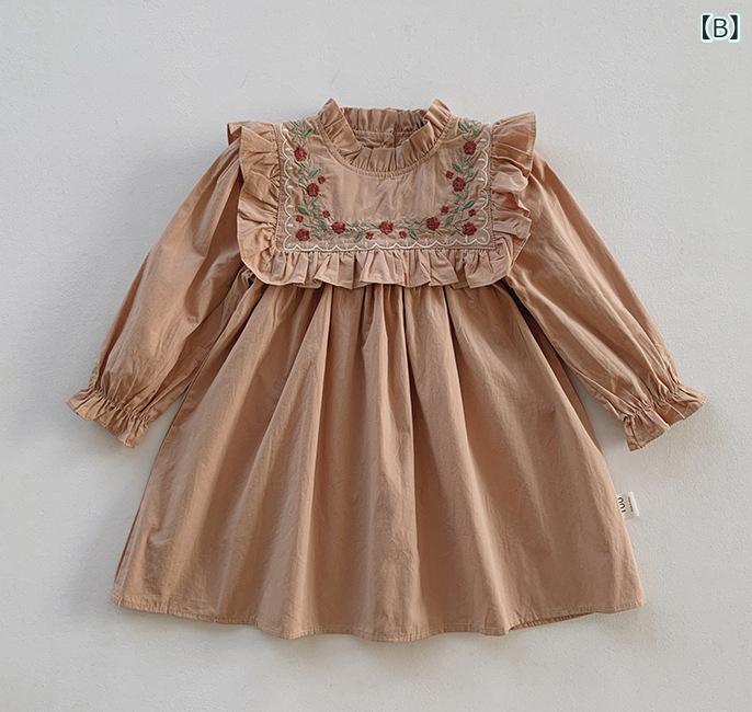 女児 ワンピース 女の子 子供服 春夏 秋冬 フレンチ刺繍 花柄 スタンドカラー 長袖 Aライン プリンセス スカート 綿100 柔軟 杏色 卡其 かわいい 潮范 中小童 3-8歳 90-140cm 普段使い 伸縮性 2