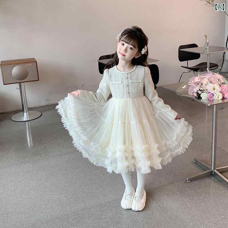 裙套装 - 女の子 チュチュスカート ワンピース 秋 女児 中大 公演 司会 プリンセスドレス 子供 礼服 A字 不規則スカート 網纱 化纤混紡 含氯纤维 フリース 長袖 短袖 杏色 ピンク 赤 ブラック かわいい ふんわり 3〜8歳 100〜160cm 通学 パー