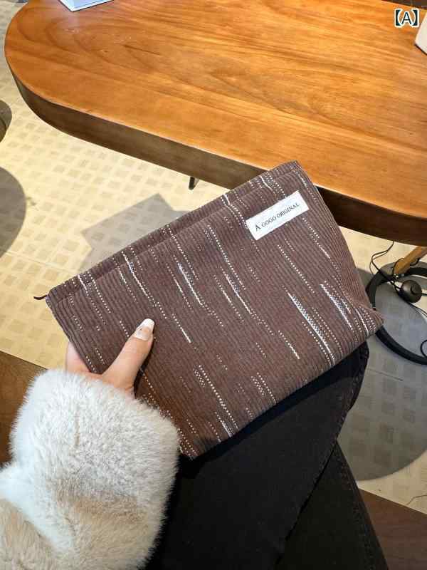 メンズ レディース コットン 化粧ポーチ 灯芯绒 収納 ケース 手持ち 洗面用品 バッグ ユニセックス 家用 シンプル 都市風 幾何学柄 プリント キャンバス裏地 コーヒー ベージュ 秋冬 大容量 普段使い 軽量 携帯便利