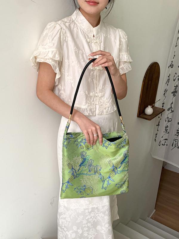 Vanity Bags - トートバッグ 女性用 単肩 ショルダー 帆布 トート 手提げ 中型 縦型 方形 花柄 切り替え 圧花 撞色 国風 日常 通勤 かわいい ピンク グリーン ポリエステル 接触冷感 軽量 中軟 磁扣 携帯ポーチ 付き 立体ポケット 単肩紐